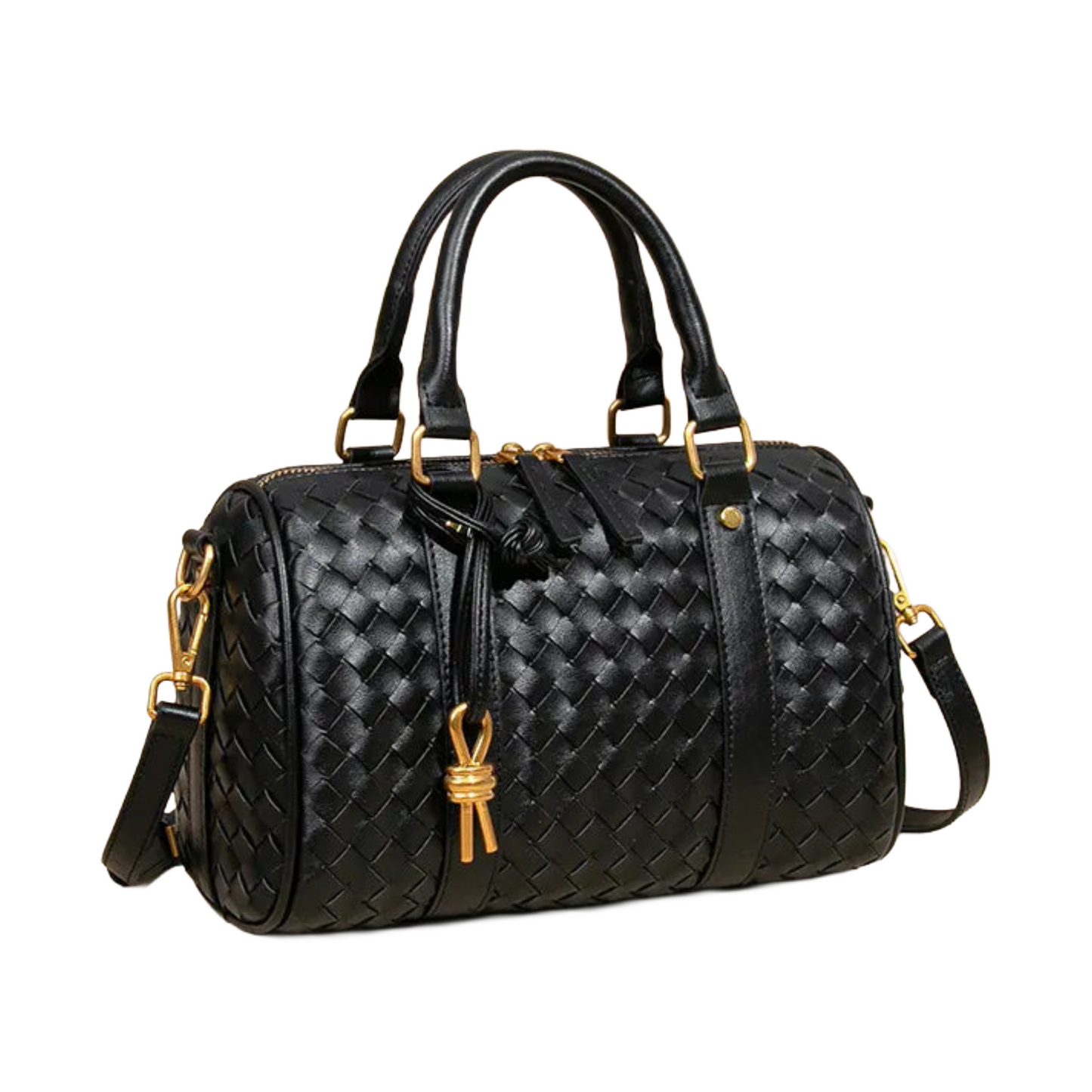 Woven Cowhide Boston Bag | Black