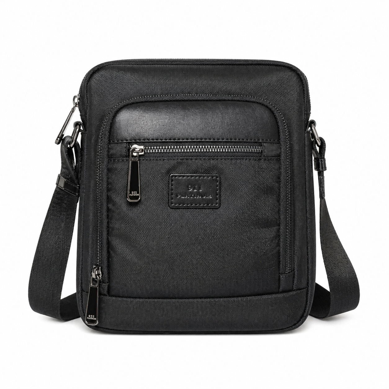 black Platinum nylon three-zipper shoulder bag.