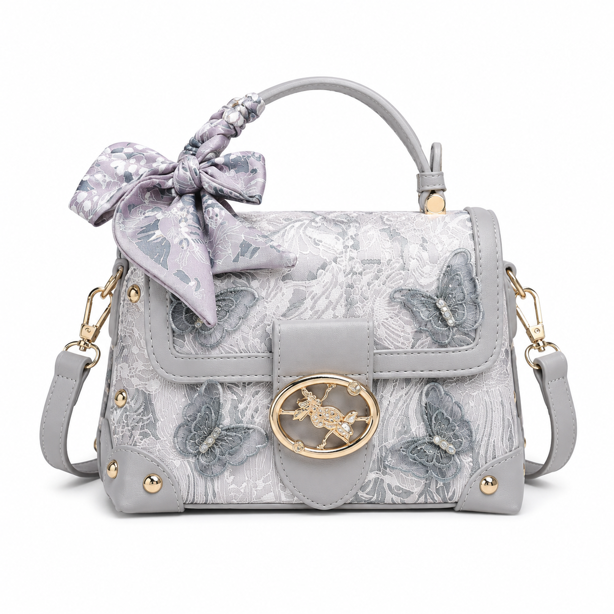 Gray Chinese-style embroidered lace shoulder and crossbody square bag