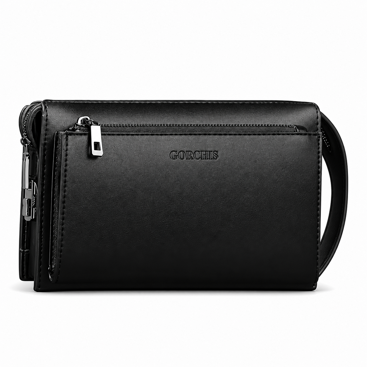 Gorchis branded black PU leather clutch bag