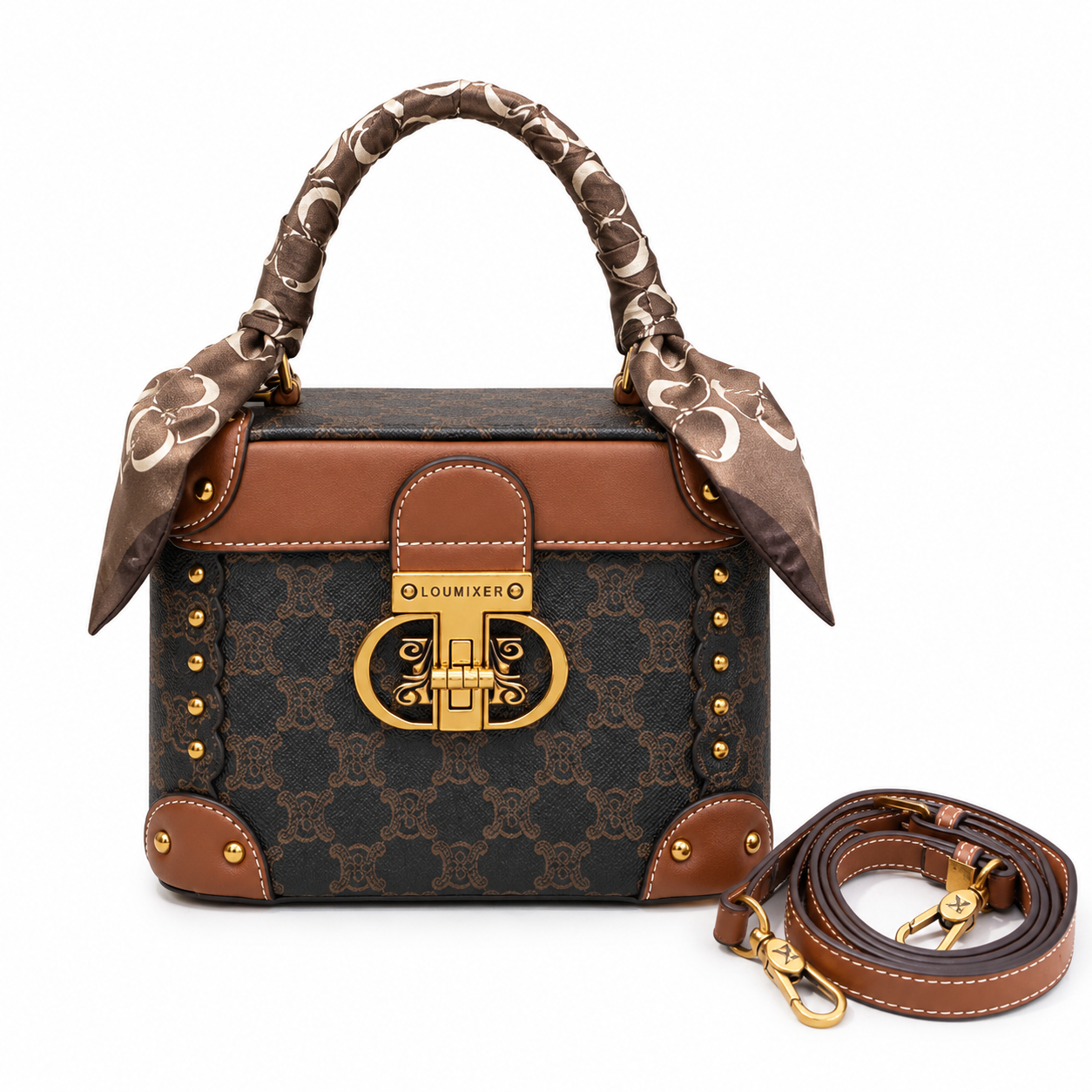 Brown-and-tan monogram box handbag