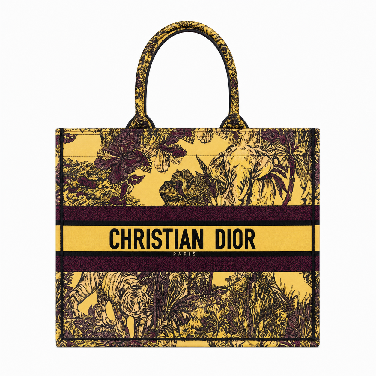 Christian Dior Book Tote from the Toile de Jouy Voyage collection in a yellow and purple colorway