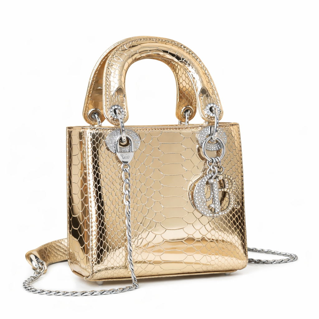 Christian Dior Mini Lady Dior bag in gold python leather