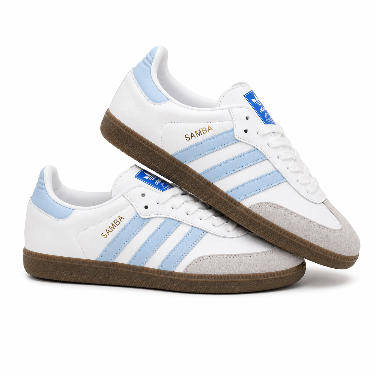 white and light blue Adidas Samba OG sneakers