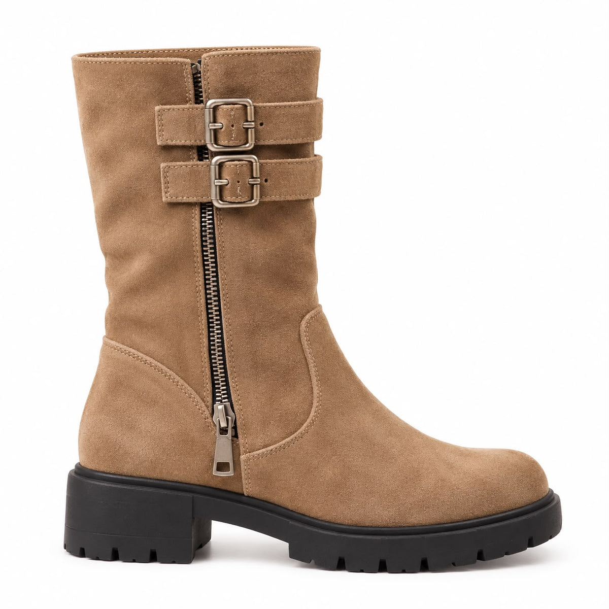 Anna Double Buckle Zip Detail Layered Mid-Calf Biker Boots