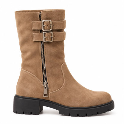 Anna Double Buckle Zip Detail Layered Mid-Calf Biker Boots