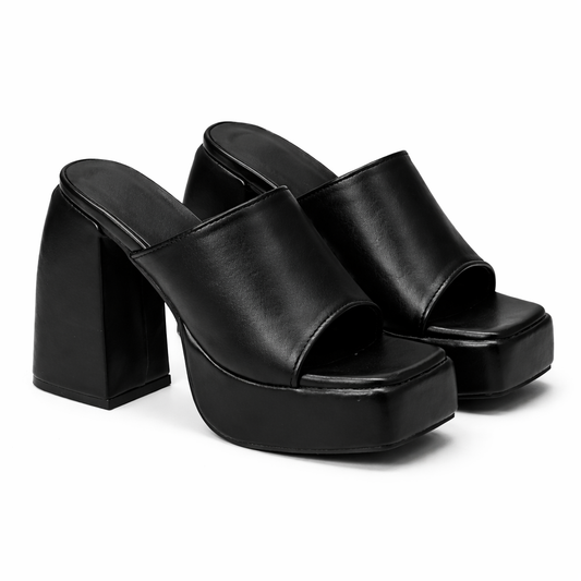 black faux leather platform sandals