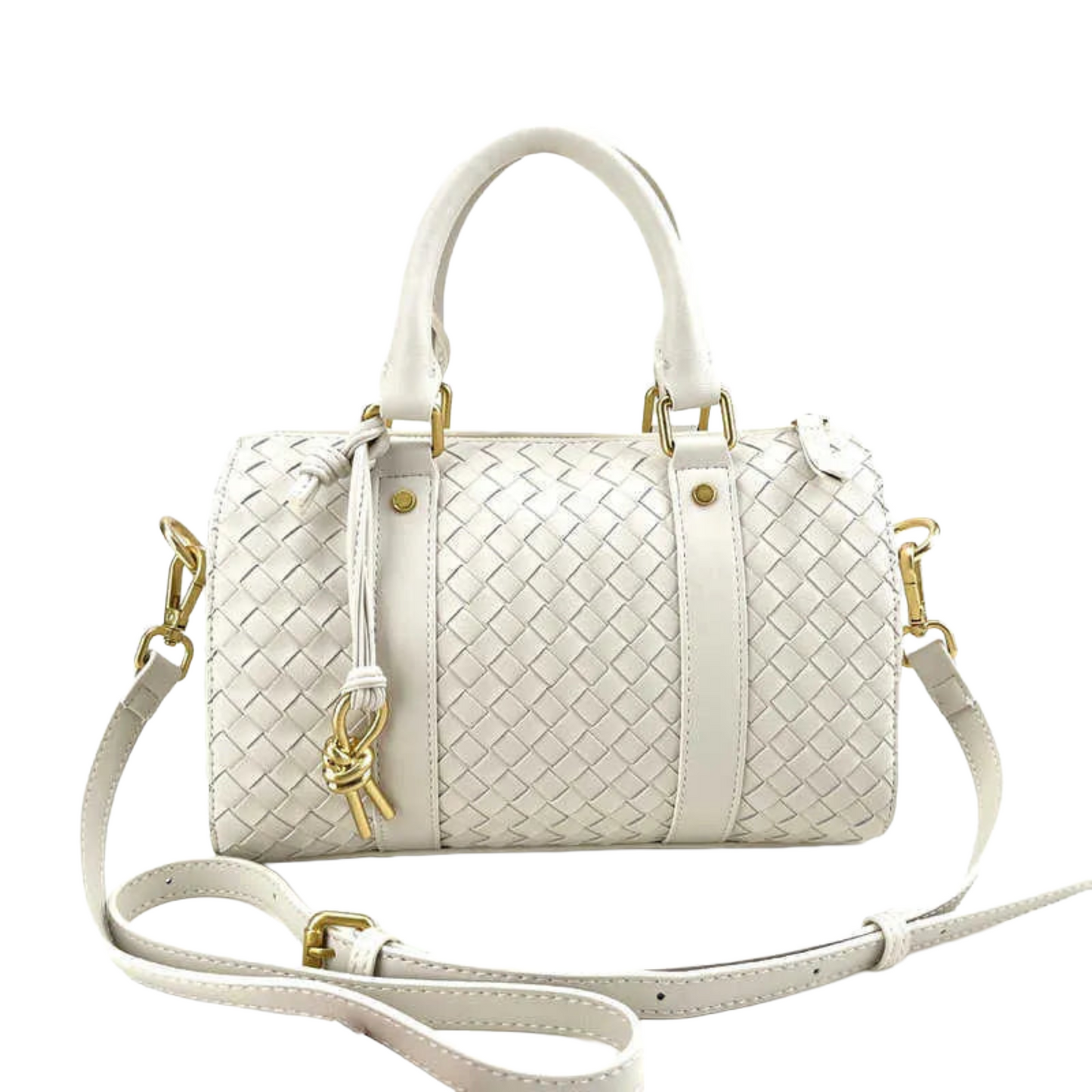 Woven Cowhide Boston Bag | White