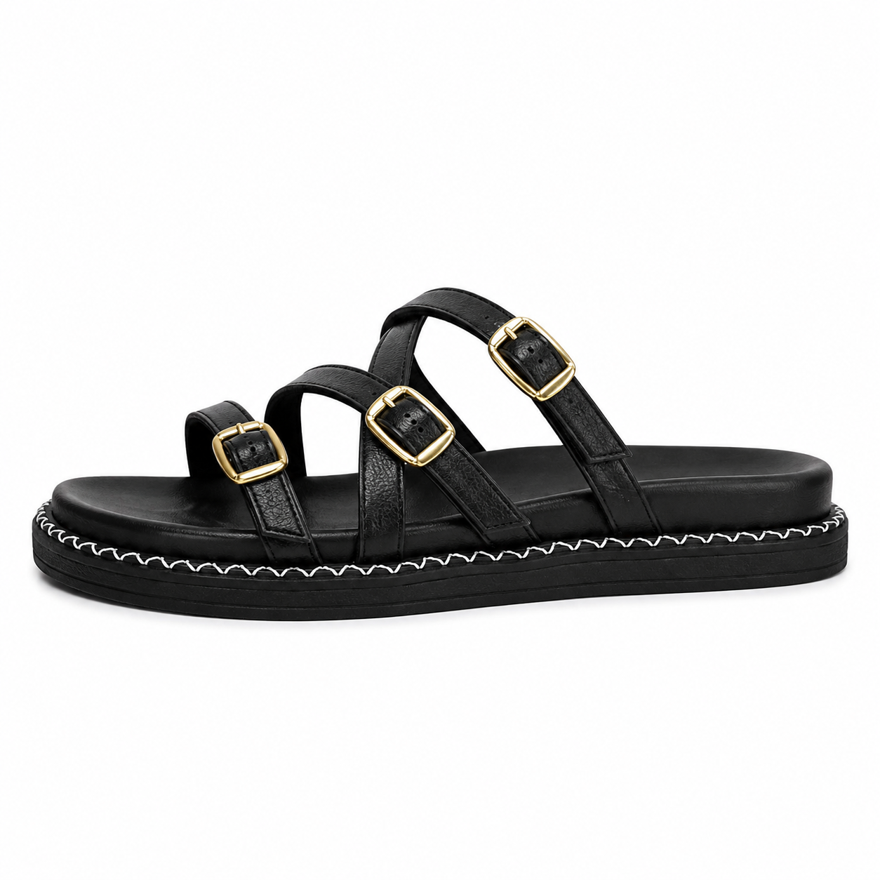 sandal features a triple-strap design