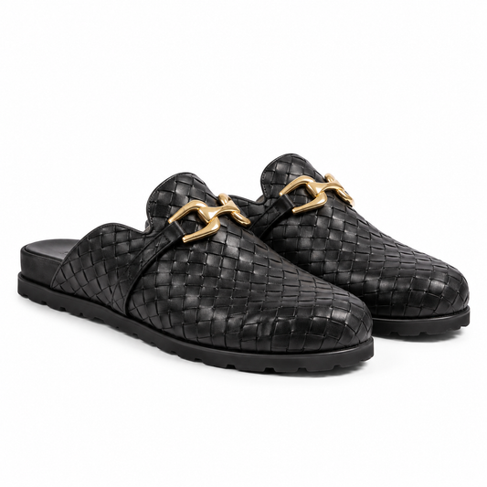 woven leather slide mules