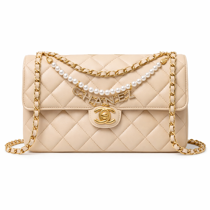 Chanel Black Lambskin Quilted Mini Pearl Logo Flap Bag