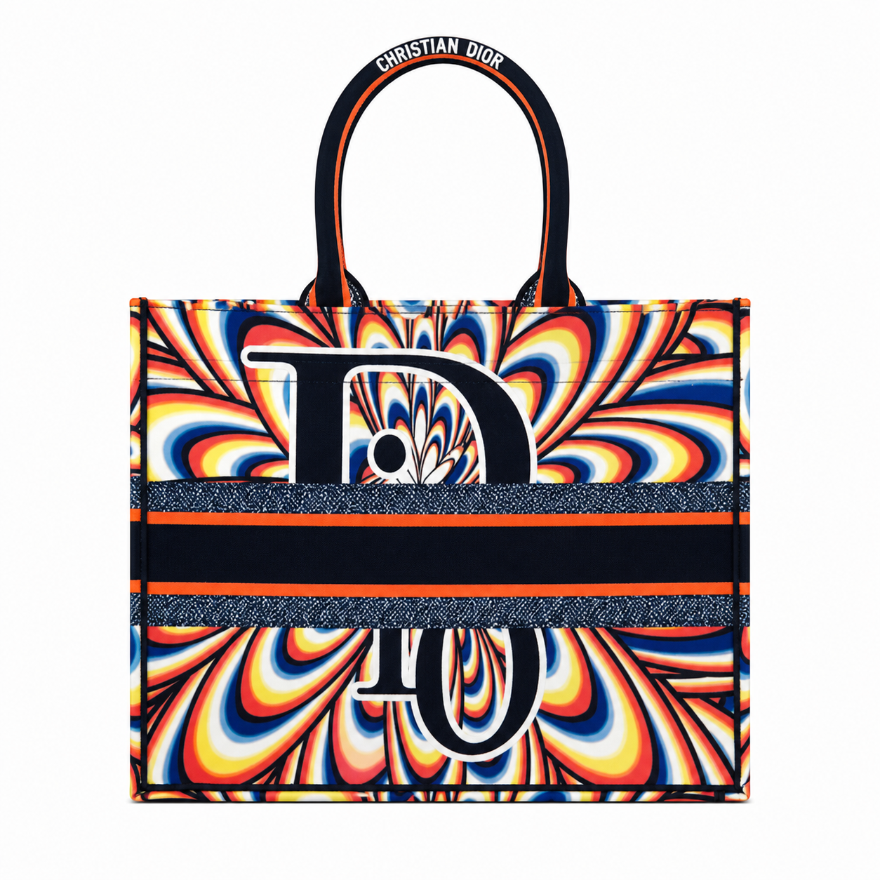 Christian Dior Book Tote from the 2026 collection in a vibrant, multicolored swirl print.