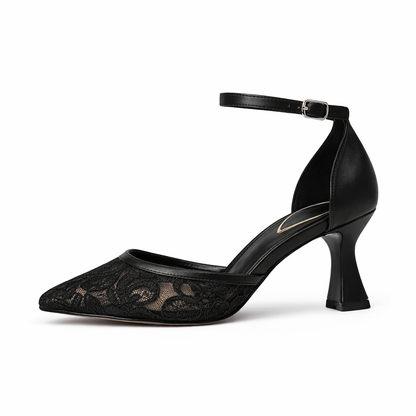 lace pointed-toe ankle strap heels