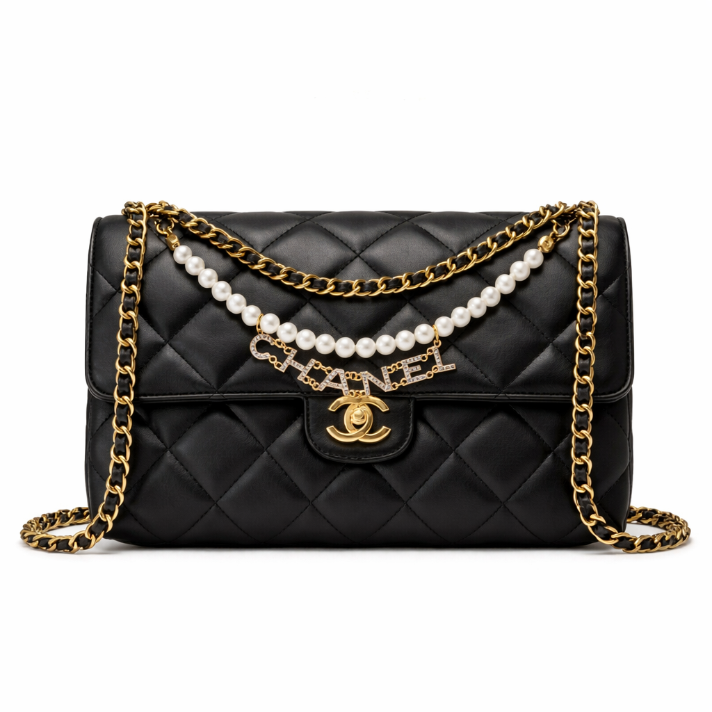 Chanel Black Lambskin Quilted Mini Pearl Logo Flap Bag
