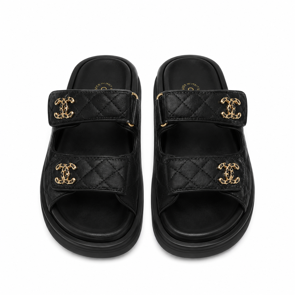 Chanel Lambskin Quilted Velcro Dad Chain CC Slide Sandals
