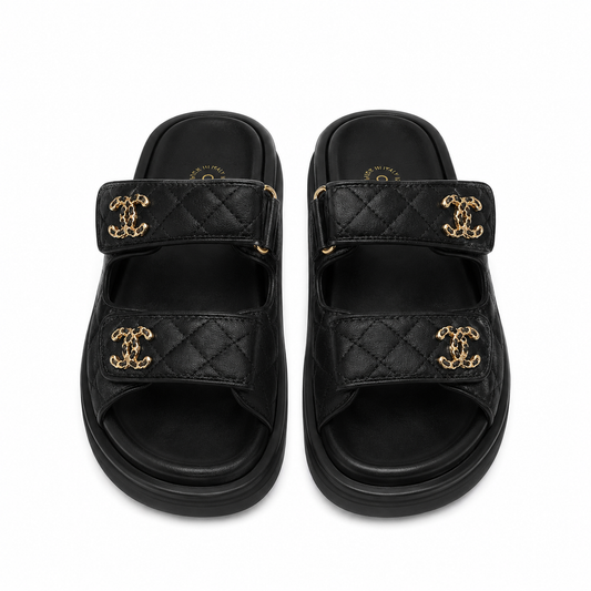 Chanel Lambskin Quilted Velcro Dad Chain CC Slide Sandals