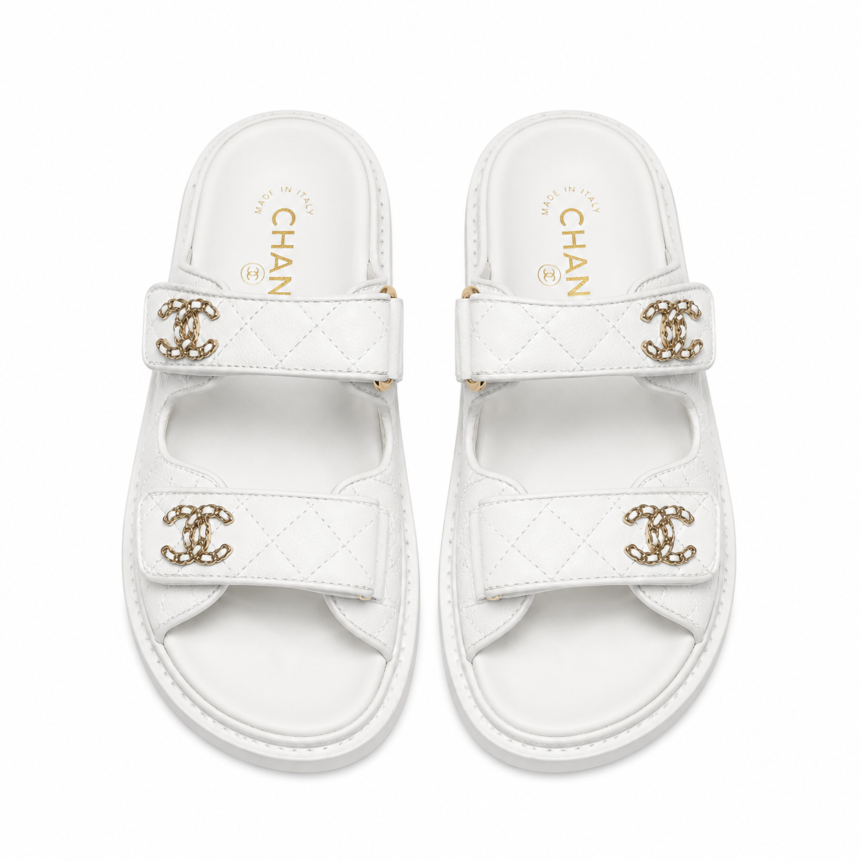 Chanel Lambskin Quilted Velcro Dad Chain CC Slide Sandals White