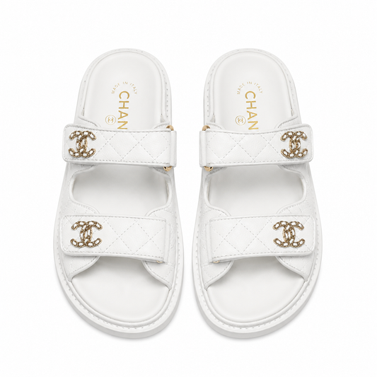 Chanel Lambskin Quilted Velcro Dad Chain CC Slide Sandals White