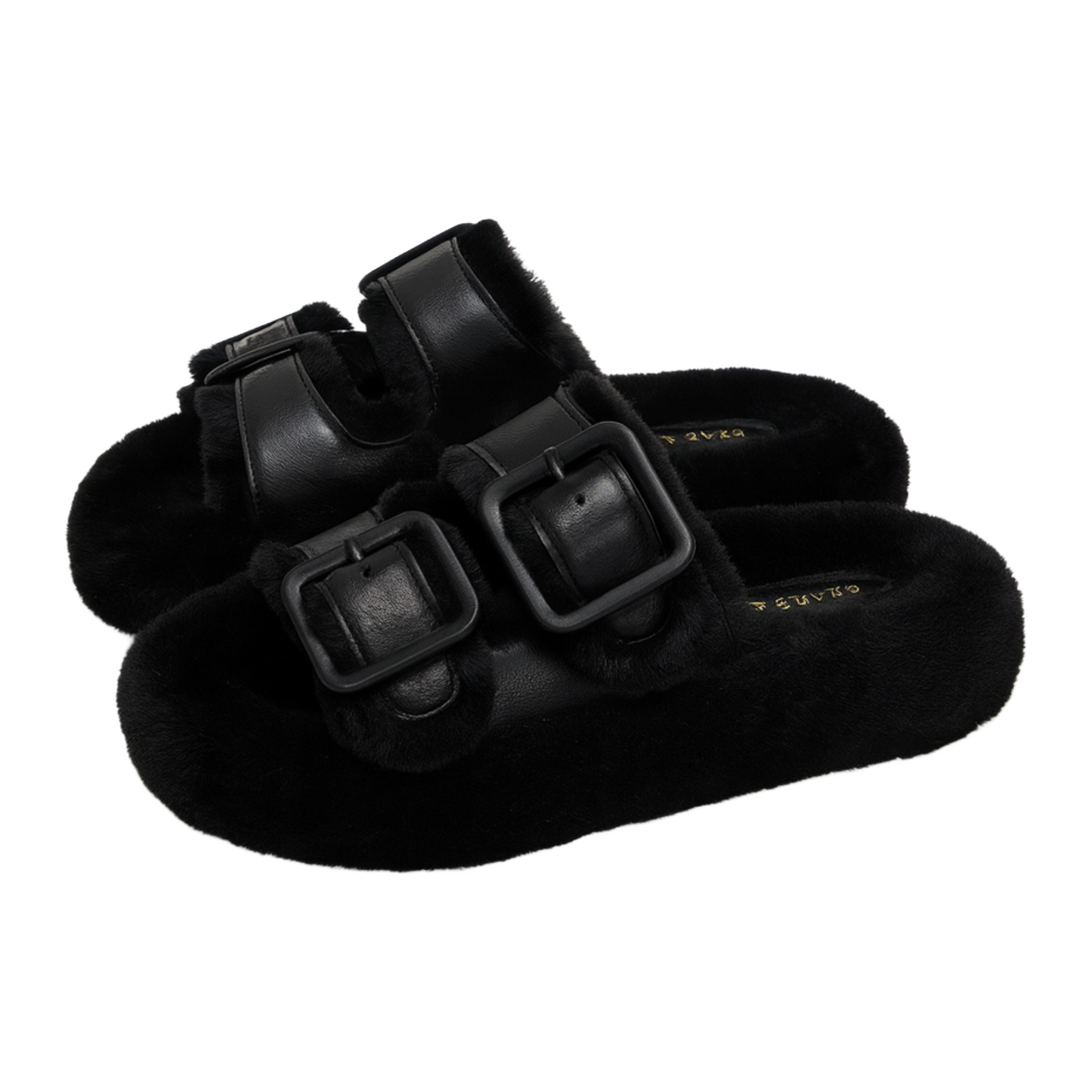 Double-Buckle Fur Sandals