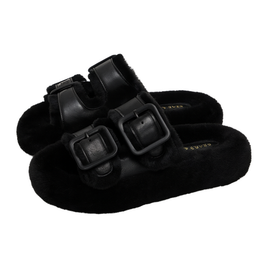 Double-Buckle Fur Sandals