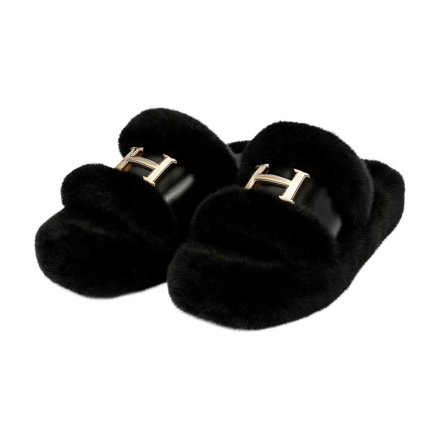 Black Fur Slides with Gold “H”