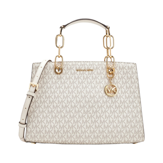 MK CYNTHIA MEDIUM SIGNATURE LOGO SATCHEL | White