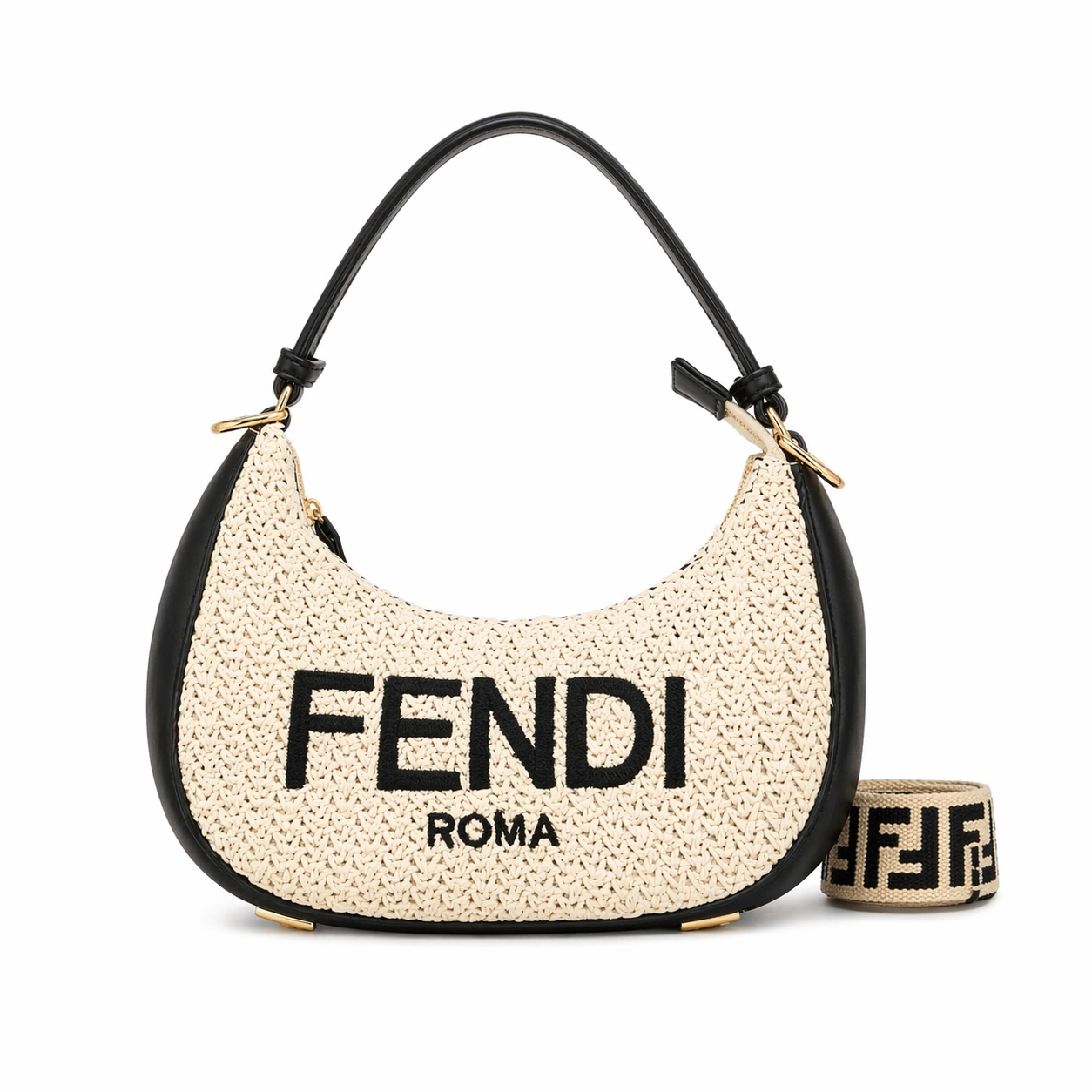 Fendi Fendigraphy Small black woven fabric hobo bag.