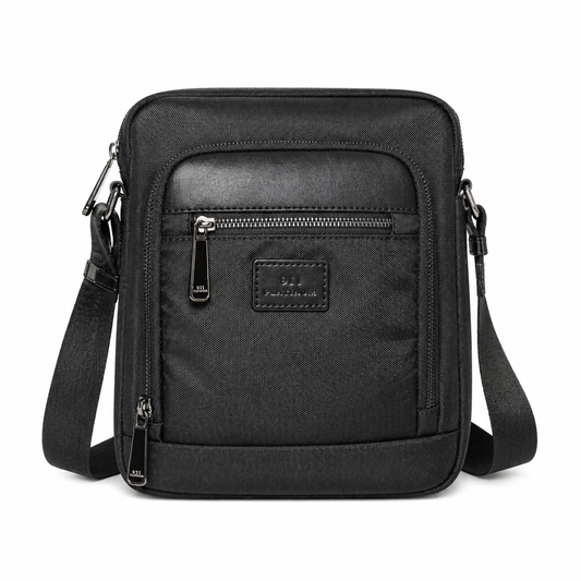 black Platinum nylon three-zipper shoulder bag.