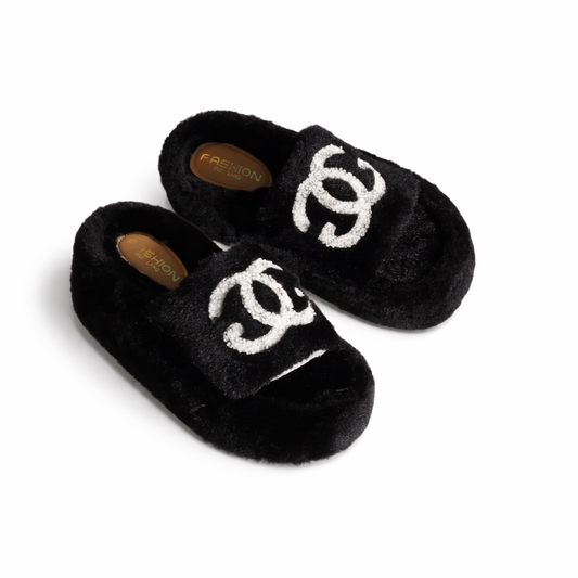Chanel black faux-fur slides | Black