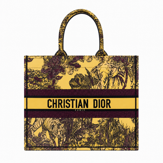 Christian Dior Book Tote from the Toile de Jouy Voyage collection in a yellow and purple colorway