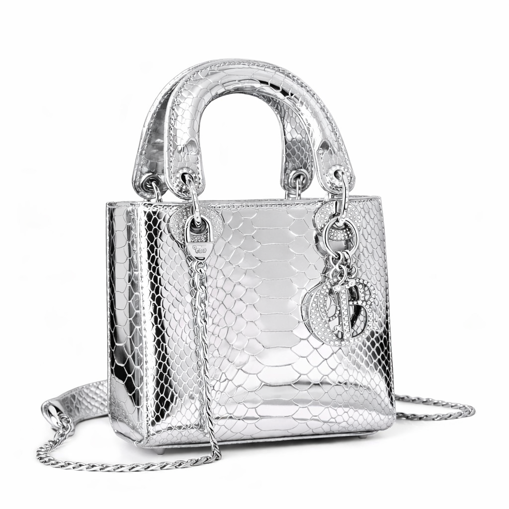 Christian Dior Mini Lady Dior bag in silver python leather