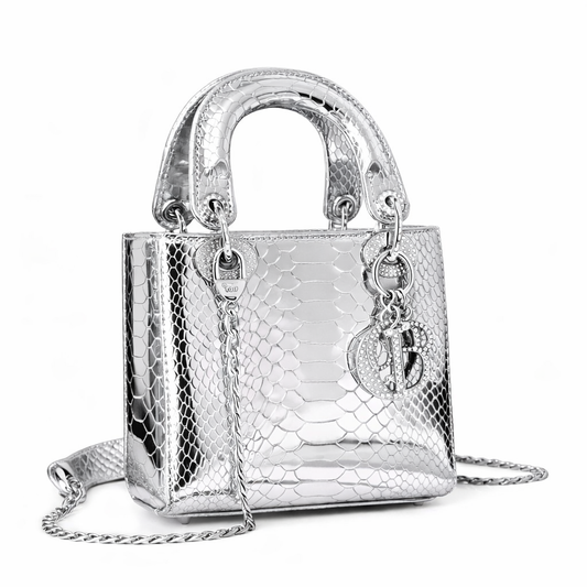 Christian Dior Mini Lady Dior bag in silver python leather