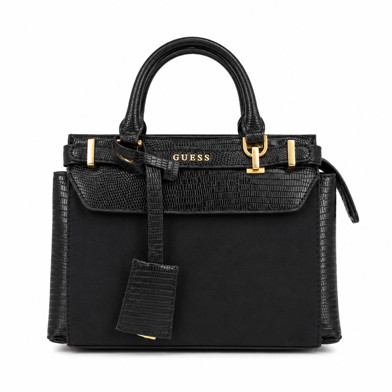 Guess Sestri Luxury textured black satchel bag.