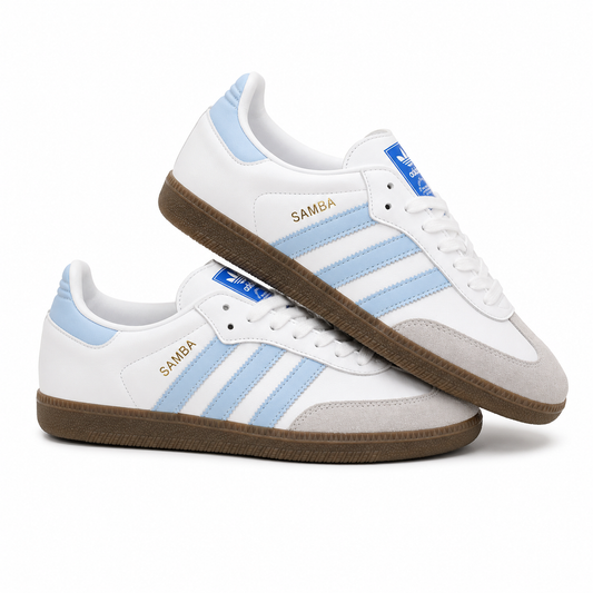 white and light blue Adidas Samba OG sneakers