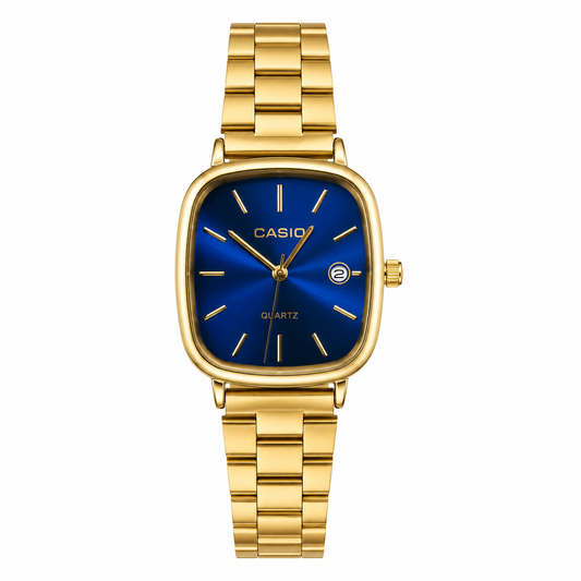Casio quartz wristwatch featuring a gold-tone square case
