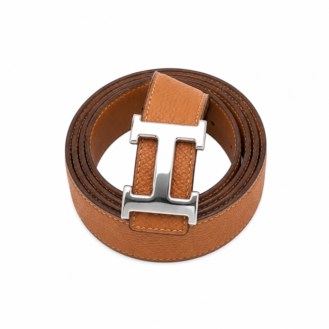 H belt features a gold-tone Togo leather strap