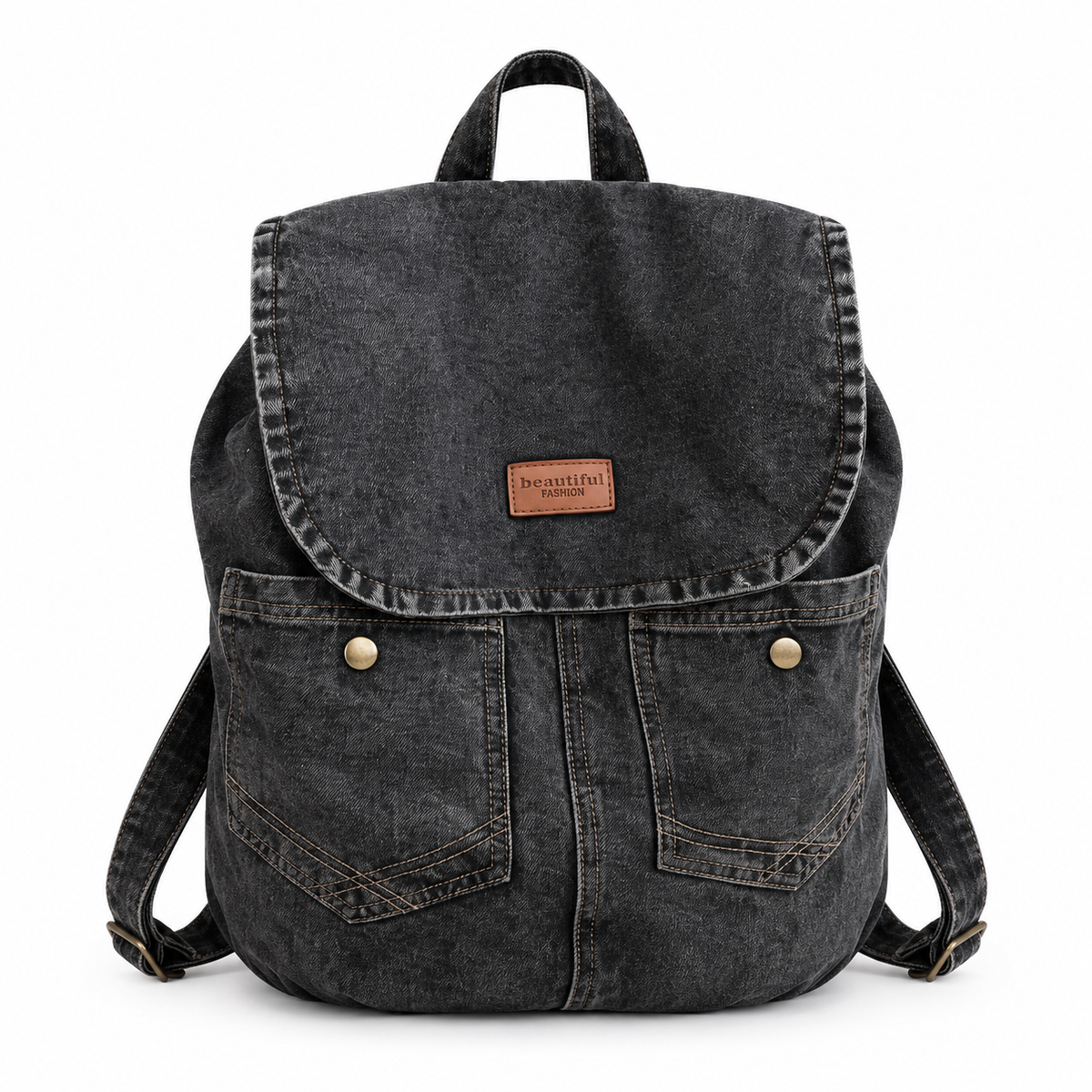 vintage-style black washed denim backpack