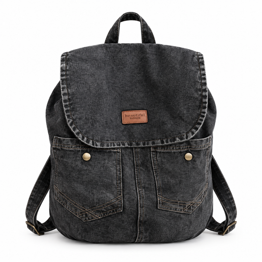 vintage-style black washed denim backpack