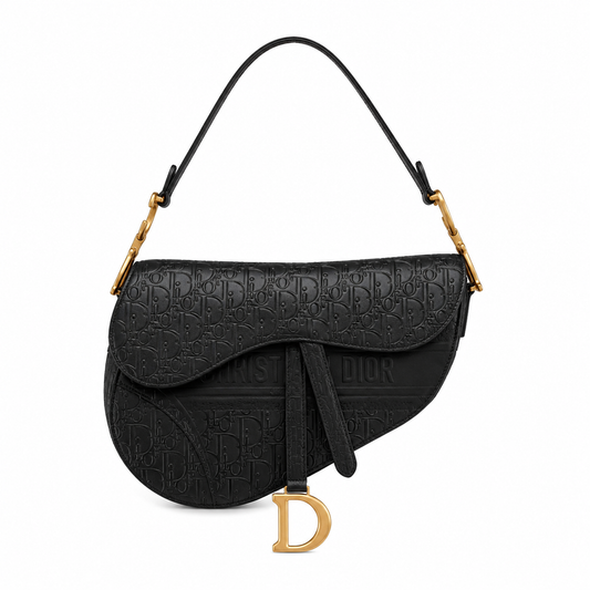Christian Dior Black Calfskin Embossed Oblique Saddle Bag