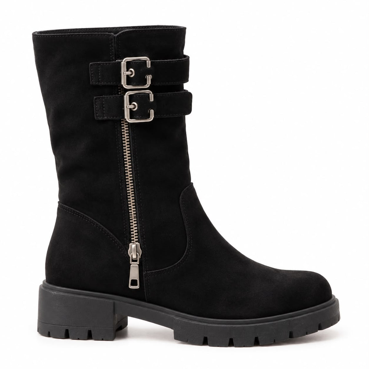 Anna Double Buckle Zip Detail Layered Mid-Calf Biker Boots