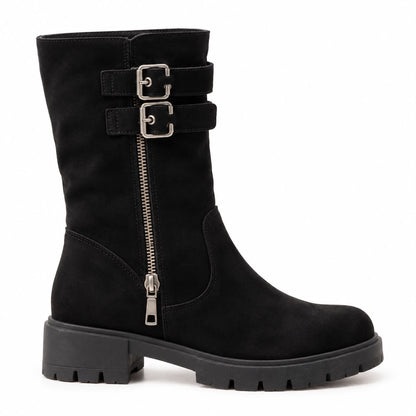 Anna Double Buckle Zip Detail Layered Mid-Calf Biker Boots